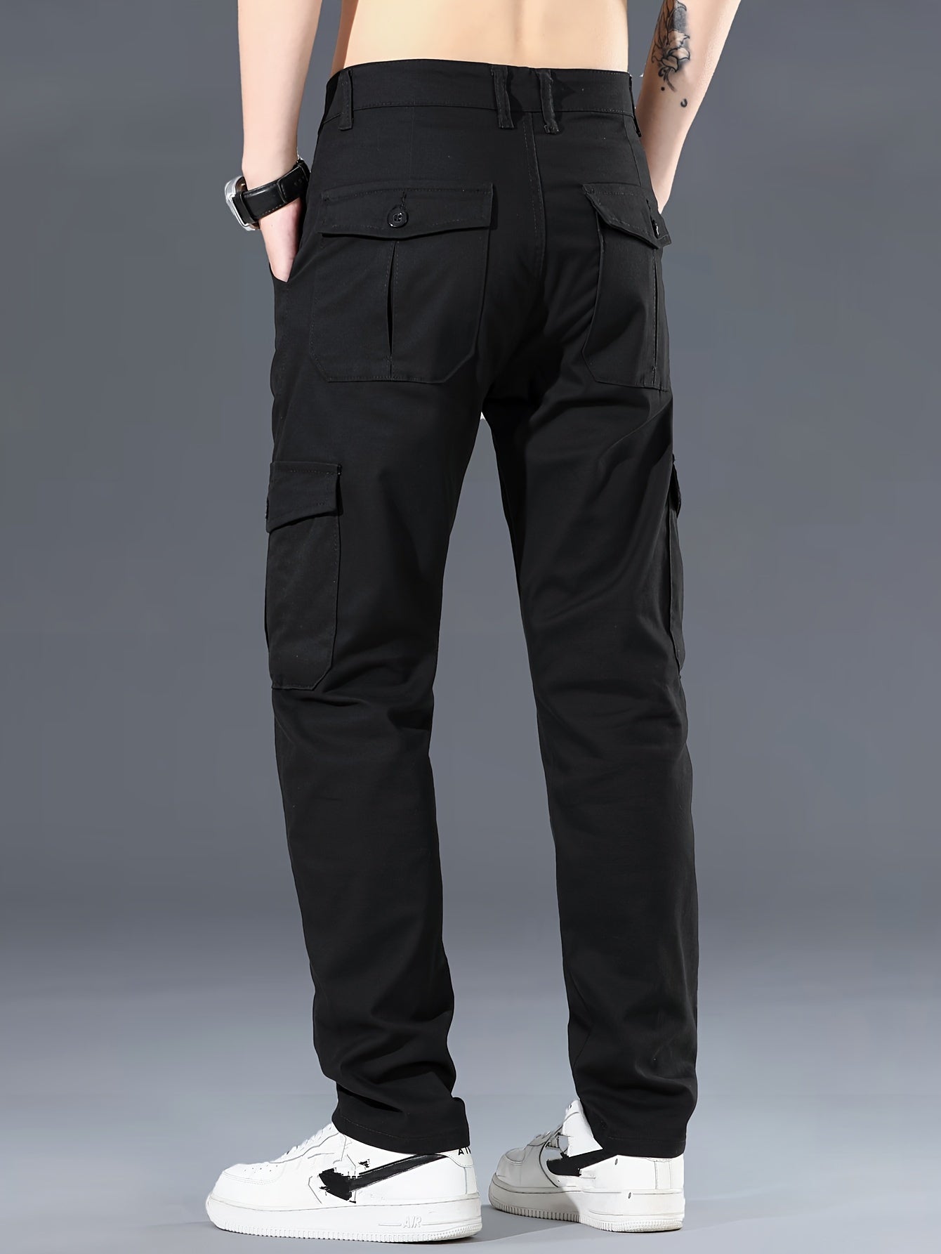 Men's cotton cargo pants, with 97% cotton 3% spandex blend, solid color, regular fit, zipper fly, multiple pockets, all-season wear.