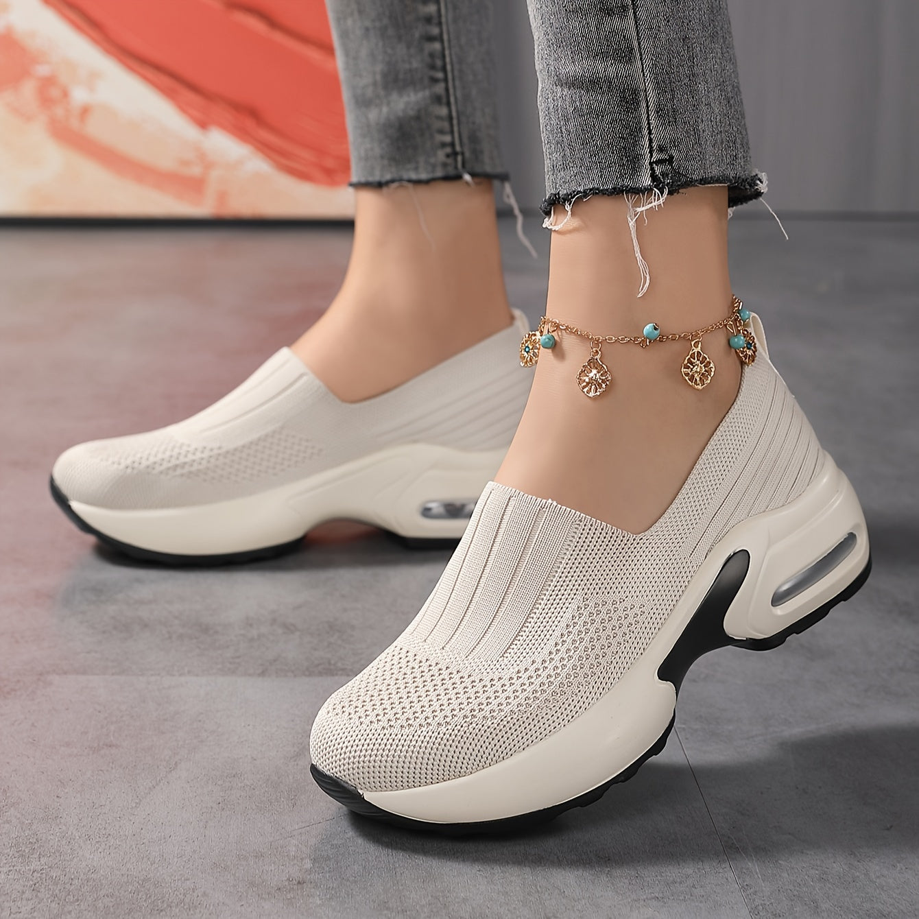 Spring fashion sneakers for women with breathable mesh upper, cushioned air sole, slip-on design and casual sports functionality.