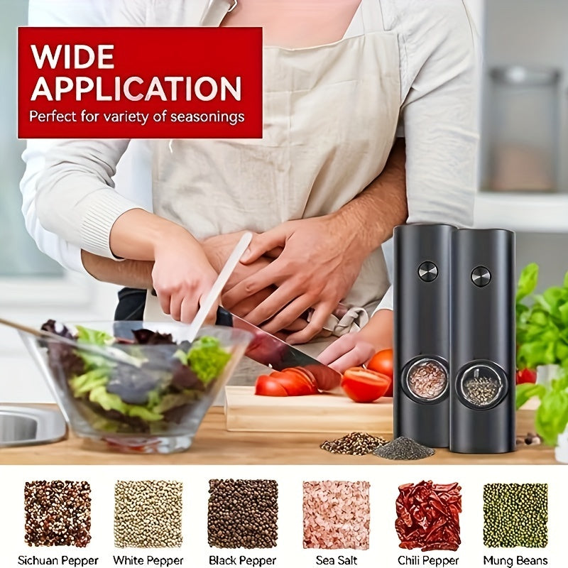 The YumiPLUS Electric Salt & Pepper Grinder Set features automatic operation, adjustable coarseness, and convenient one-handed use. This stylish set also includes an LED light, decorative base, and runs on AAA batteries.