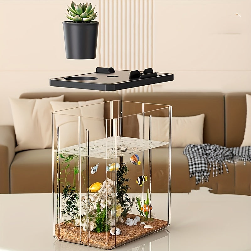 Beginner-friendly desktop aquarium suitable for goldfish and small pets, ideal for office decor, made of ultra-clear acrylic.