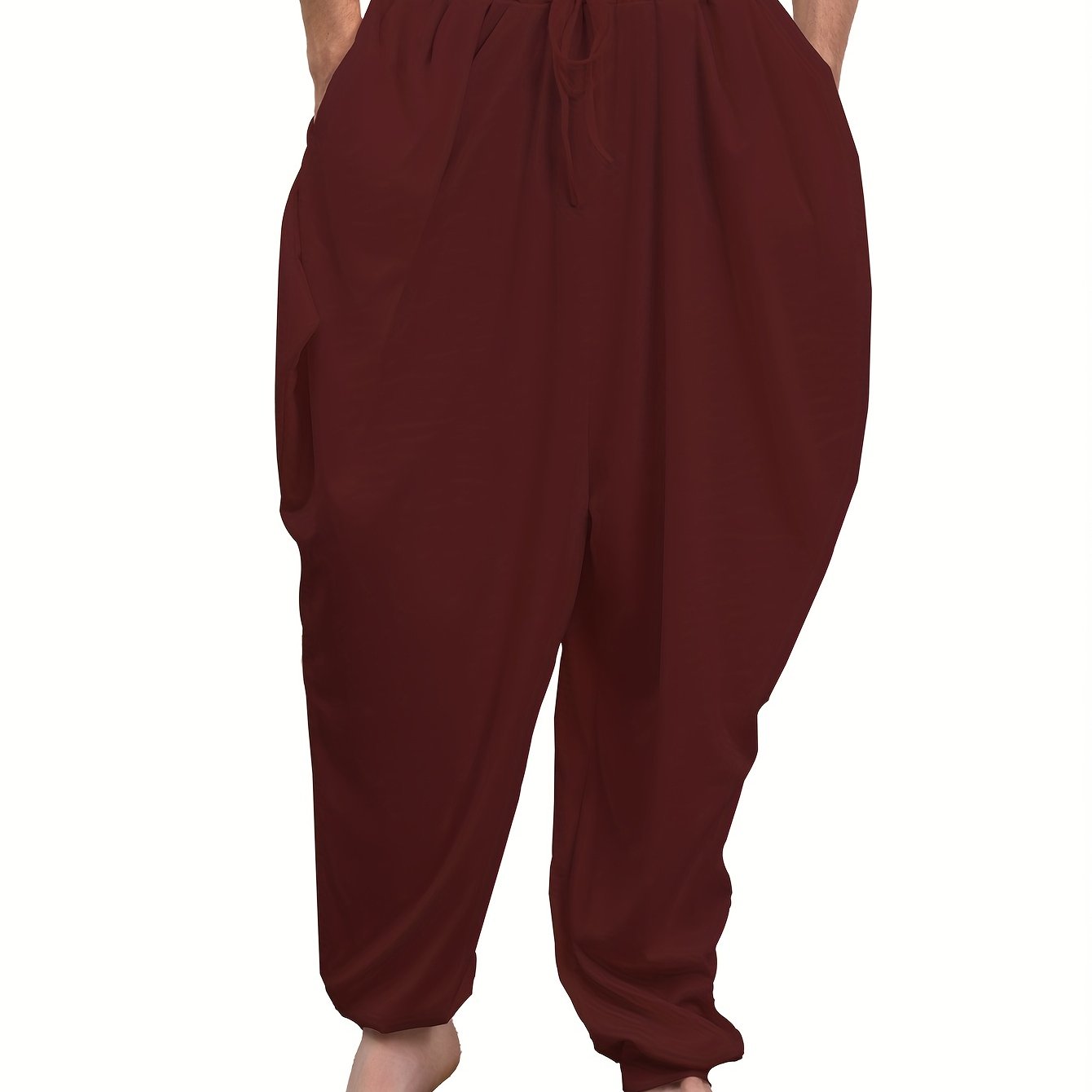 Adult harem pants in 100% polyester knit fabric, medium stretch, solid color, loose fit with drawstring, suitable for all-season weekend wear, available in plus size.