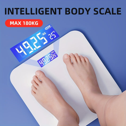 Smart digital bathroom scale with USB rechargeable LCD display, operating voltage ≤36V, lithium polymer battery, max capacity 180kg, power display function.