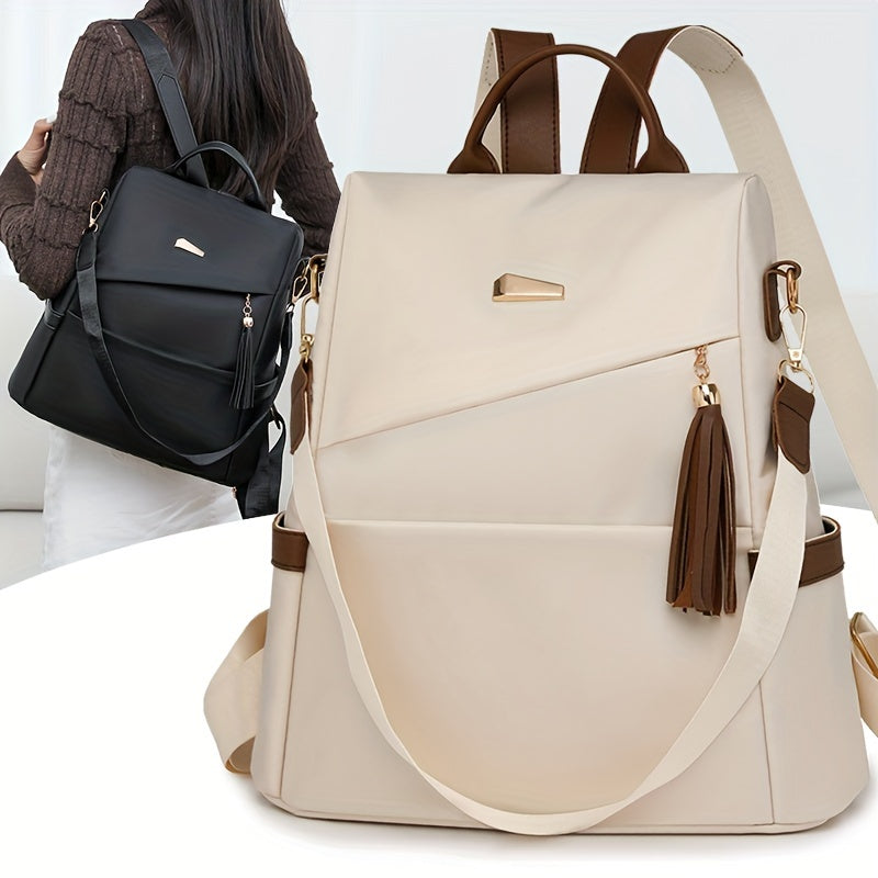 Stylish women's anti-theft backpack purse in white & brown with adjustable straps, large capacity, and golden-toned hardware, perfect for travel.