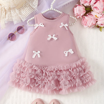 Infants' pink tulle dress with white bow accents, sleeveless, crew neck, asymmetrical hem, 100% polyester, casual midi dress for spring/fall.