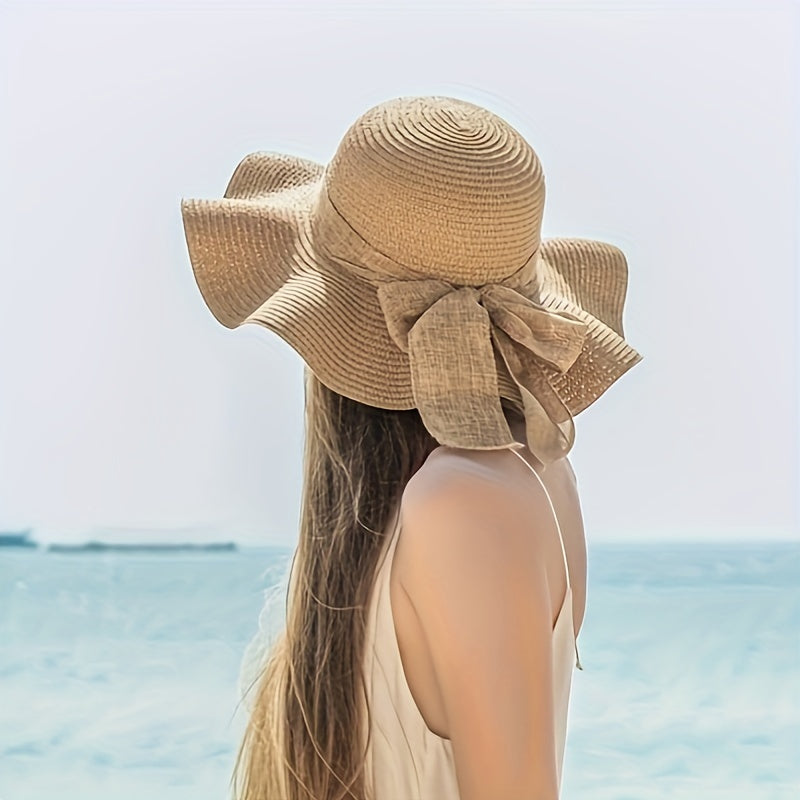 2-piece set: Women's Wave Khaki beach sun hat and woven shoulder bag, ideal for spring/summer beach trips.