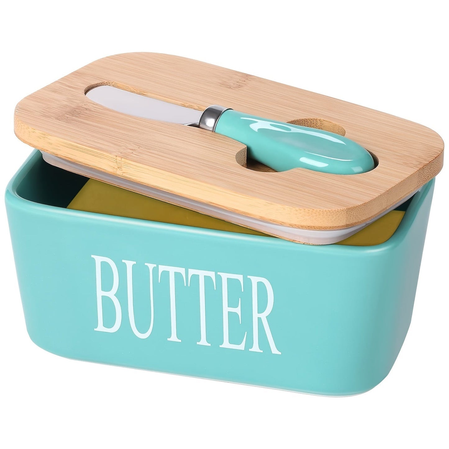 A complete set including a butter dish with a bamboo lid and butter knife, this large ceramic butter box is perfect for kitchen baking and gifting. It serves as an airtight butter keeper container for countertop or refrigerator storage. Ideal for home