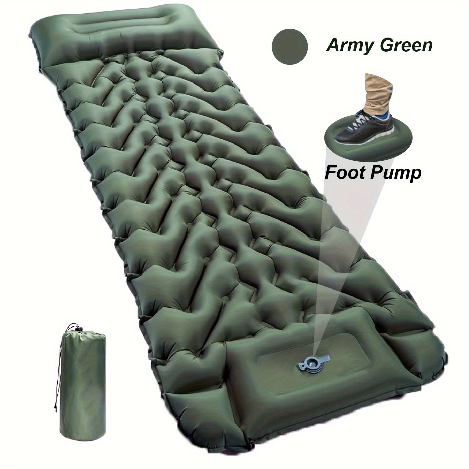 Inflatable sleeping pad with pillow, pump, and repair kit - perfect for camping, travel, and hiking. Made of durable nylon and includes storage bag.