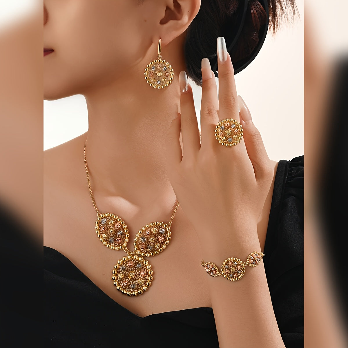 Luxurious MEIZ jewelry set featuring 18K gold-plated pieces in Bohemian and Arabian styles. Set includes necklace, earrings, ring, and bracelet all made with high-quality copper. Versatile for daily wear or gifting, perfect for Ramadan and all seasons.