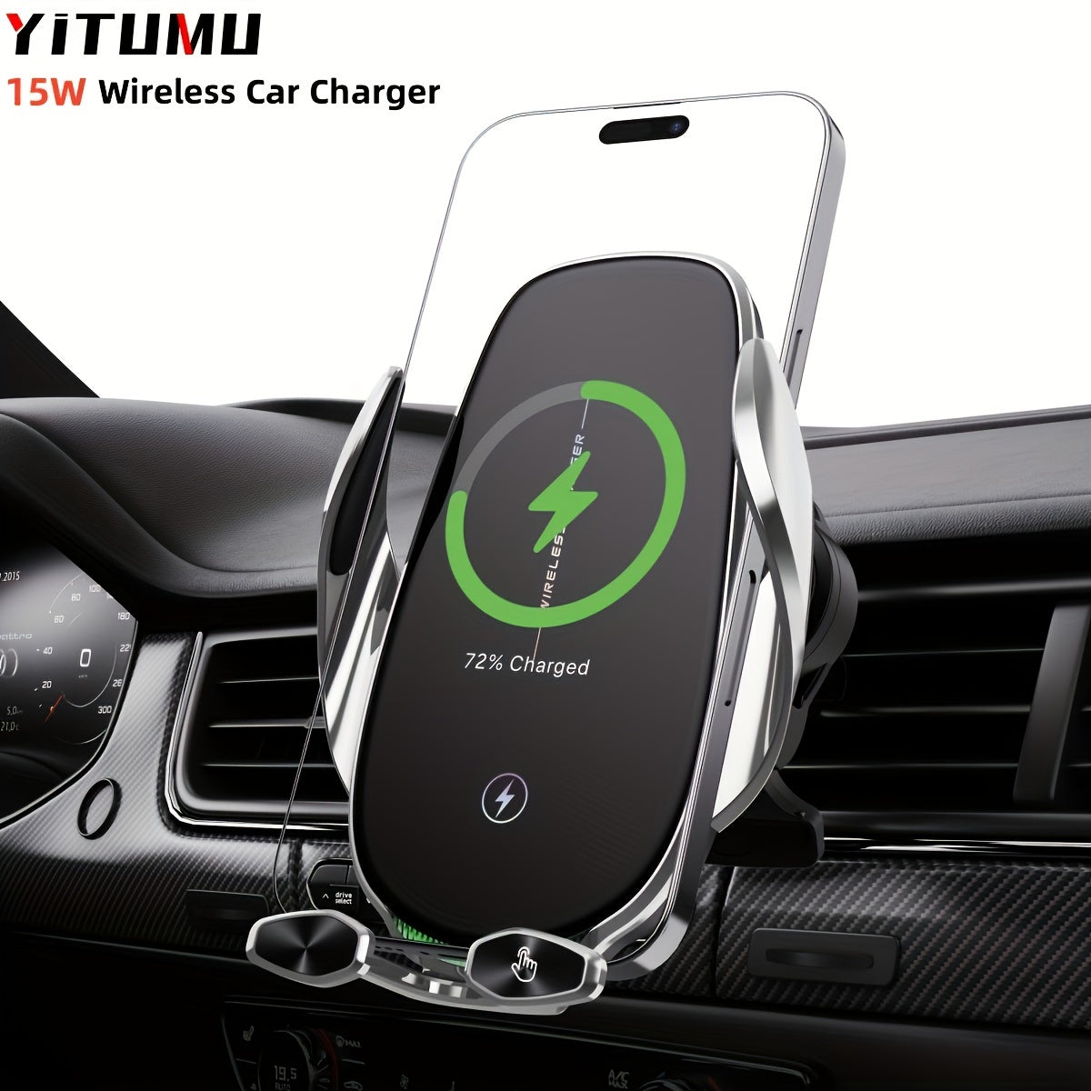 YITUMU Wireless Car Charger Holder for iPhone and Samsung Galaxy, 15W Fast Charging Auto Clamp Phone Holder for Dashboard or Vent.