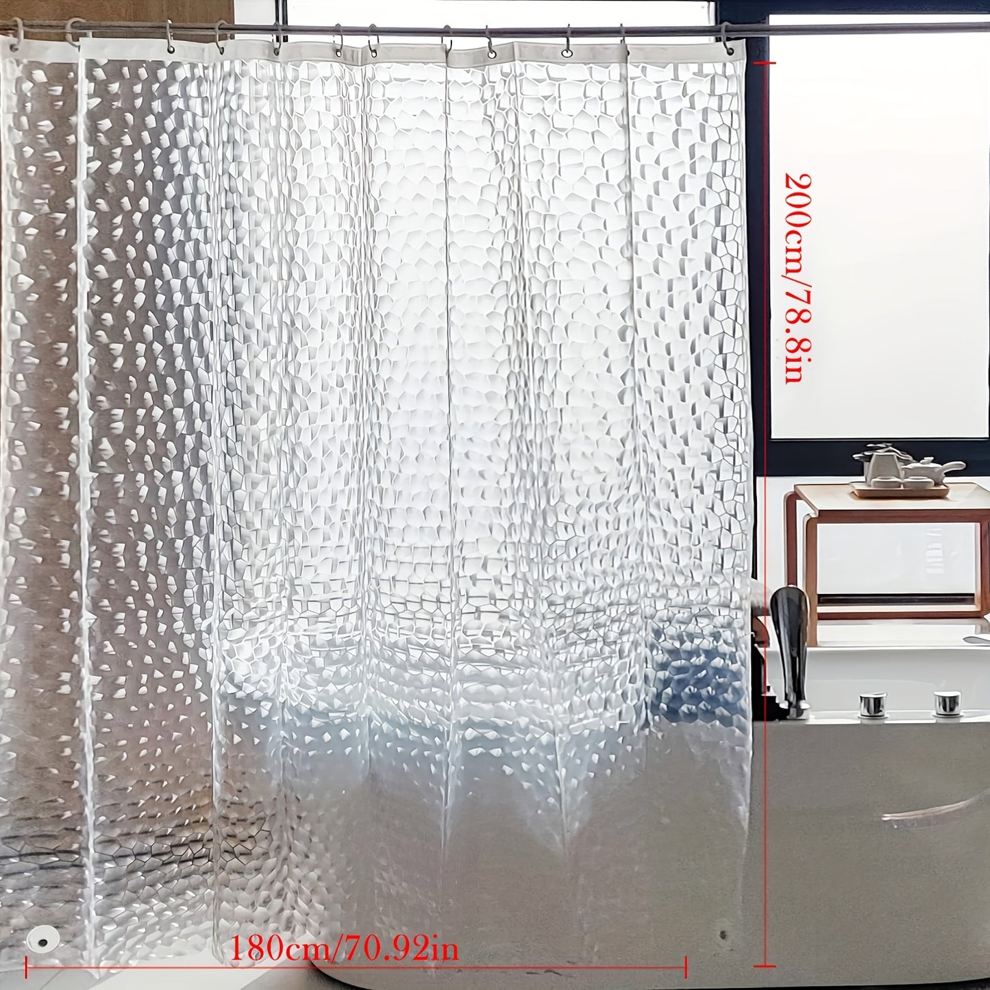 Waterproof 3D pebble pattern shower curtain without hooks for bathroom decoration.