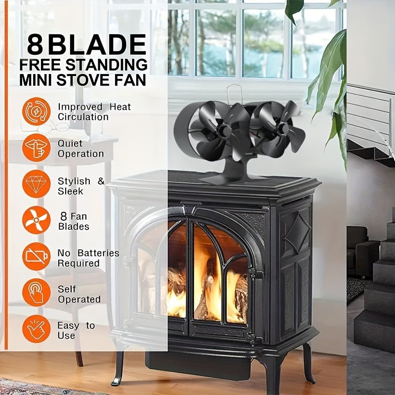 Aluminum Stove Fan with Dual Heads - 8 Blades, Ultra Quiet Heat Distribution, No Electricity Needed, Polished Design for Better Airflow & Wood Stove Efficiency, Includes Stove Top Guards