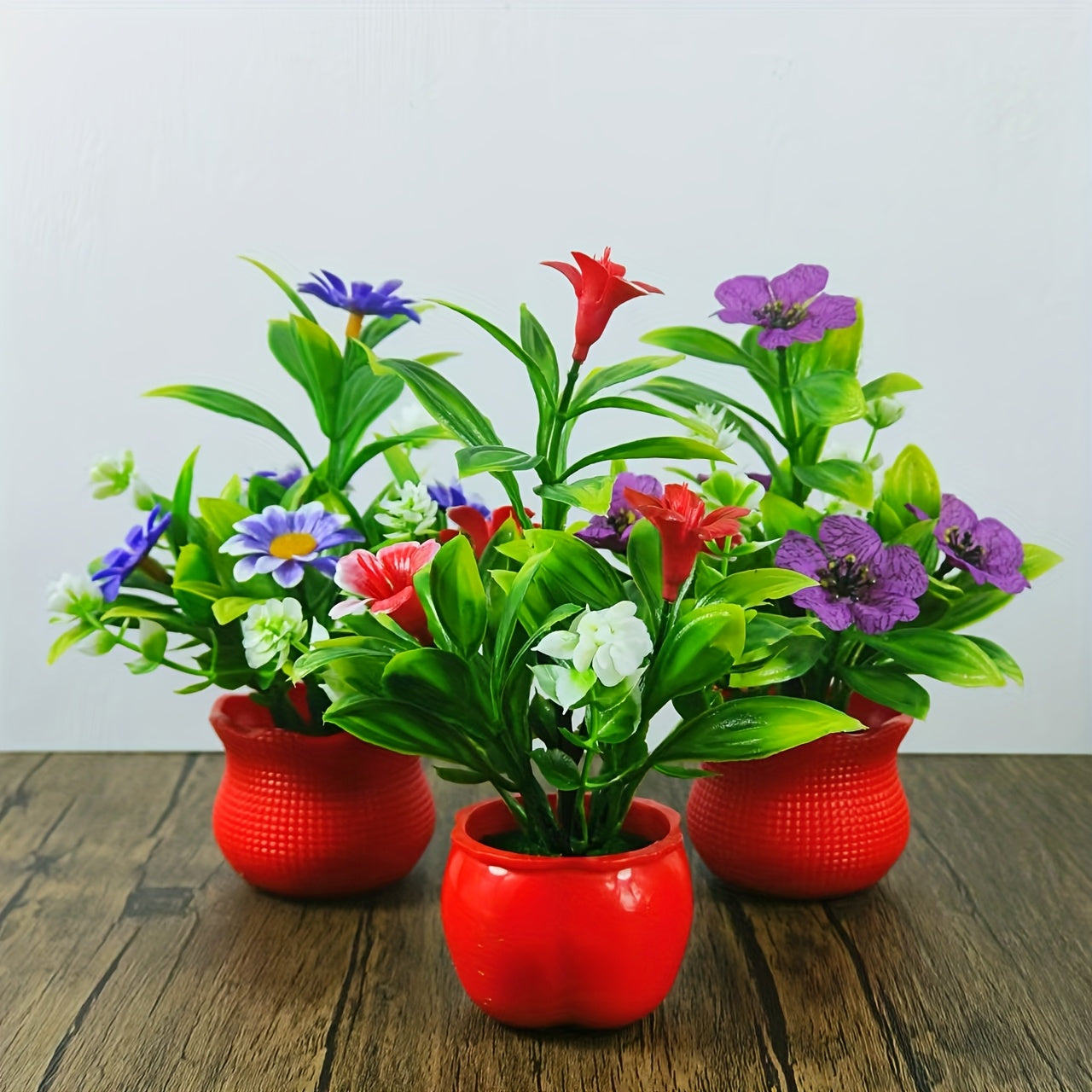 3 mini artificial potted plants with vibrant red pots - perfect for home, office, kitchen, and special occasions.