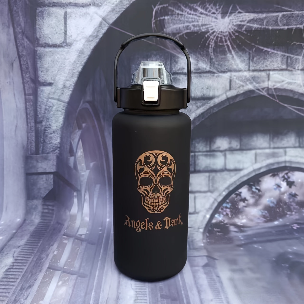 Halloween Skull Water Cup Set includes 3 leak-proof sports water bottles with straw and time mark. Ideal for office, school, gym, and outdoor activities. Perfect for Halloween decoration or holiday gift.