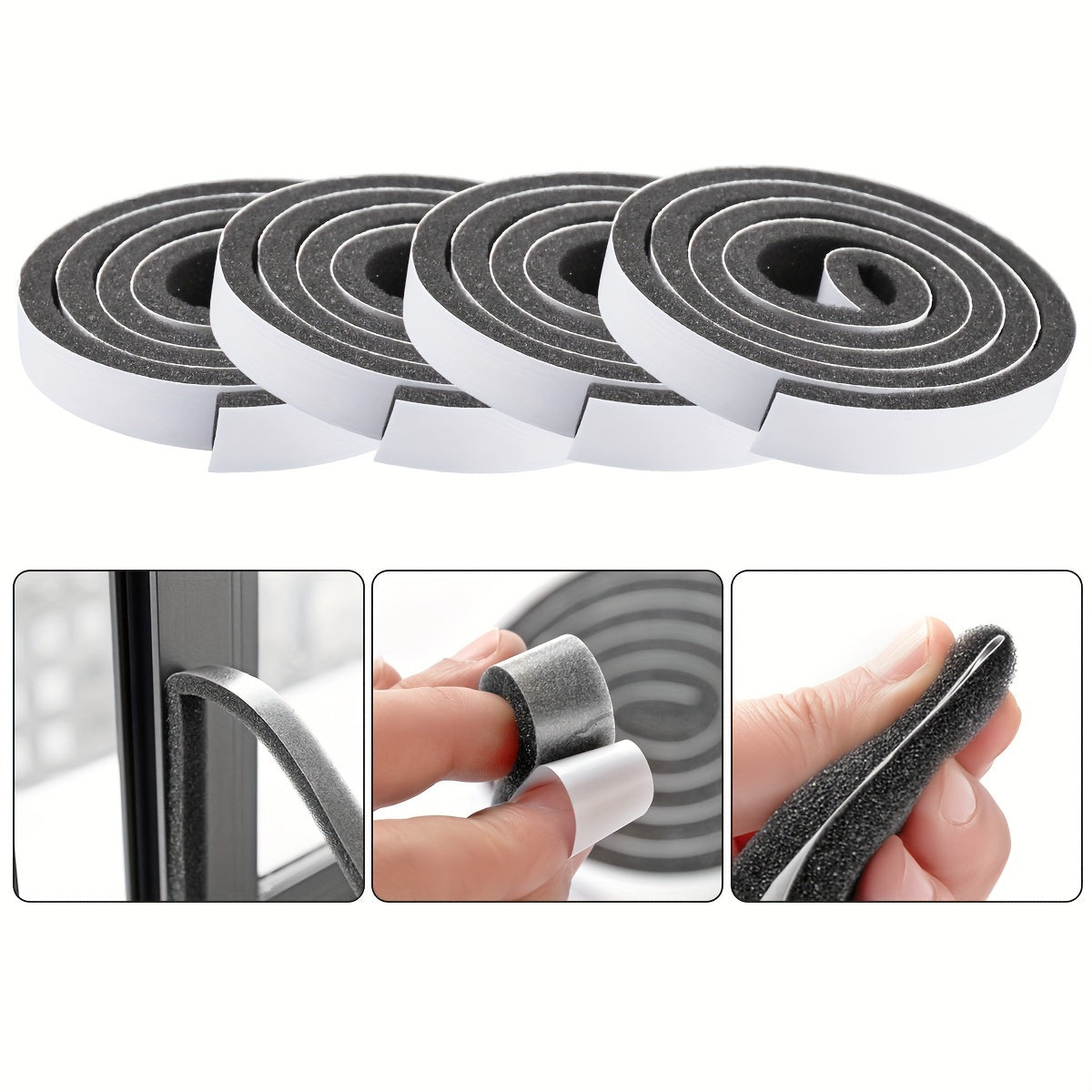 Polyurethane foam weather stripping rolls for doors and windows with soundproofing, windproof aluminum and plastic steel strips, and collision prevention draft stoppers.