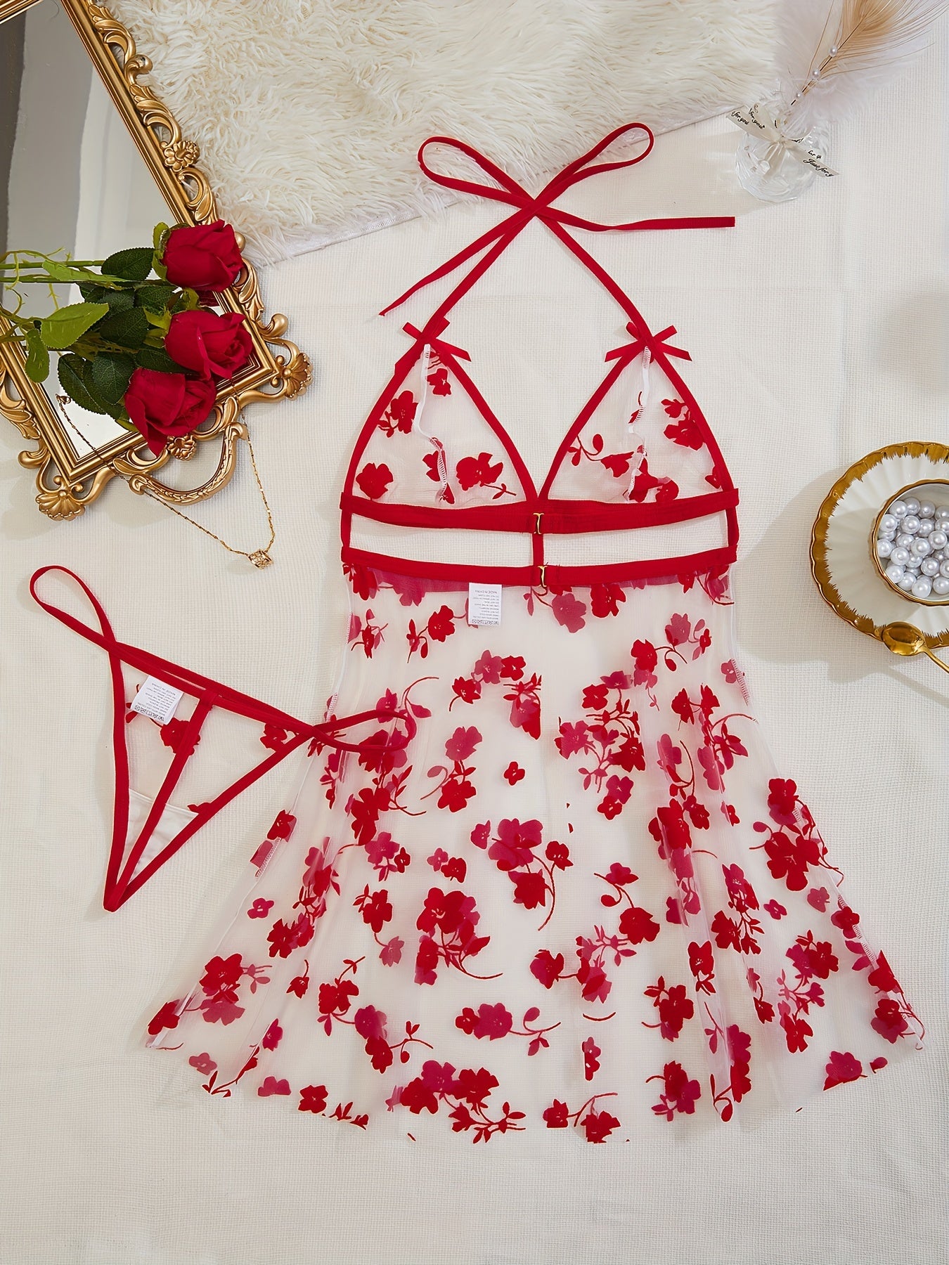 Floral mesh lingerie set with deep V slip dress and thong for women.