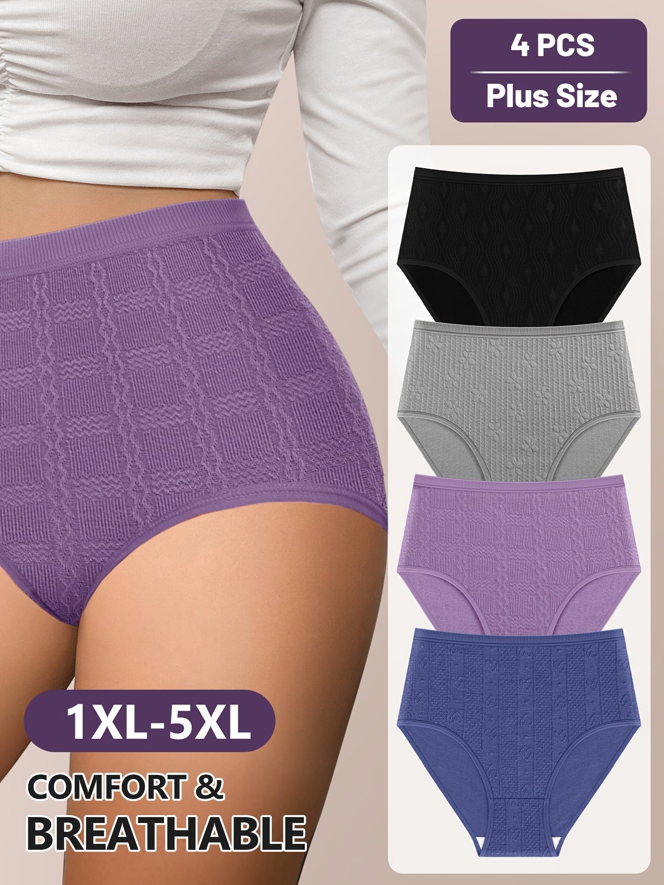 4pcs Large High-waisted Women's Underwear for Tummy Tuck and Butt Lift. Comfortable and Breathable.