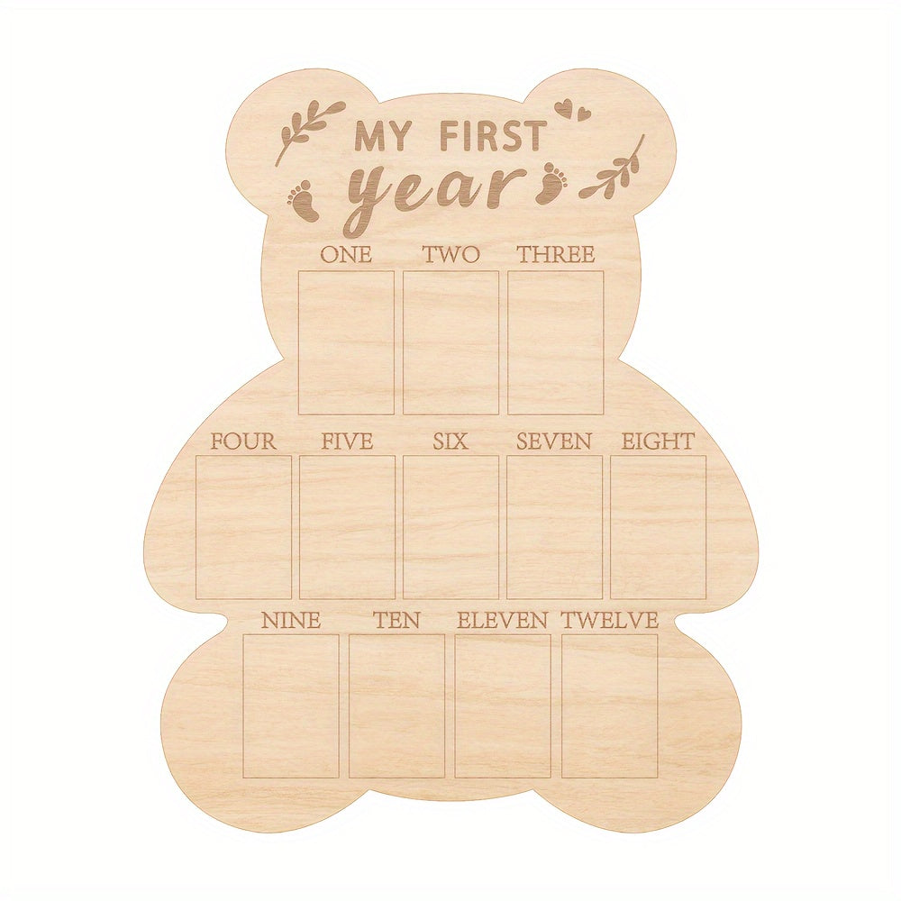 Baby's First Year Milestone Bear Photo Display: 12 Months, Wooden Keepsake Board - Ideal for Boys and Girls.