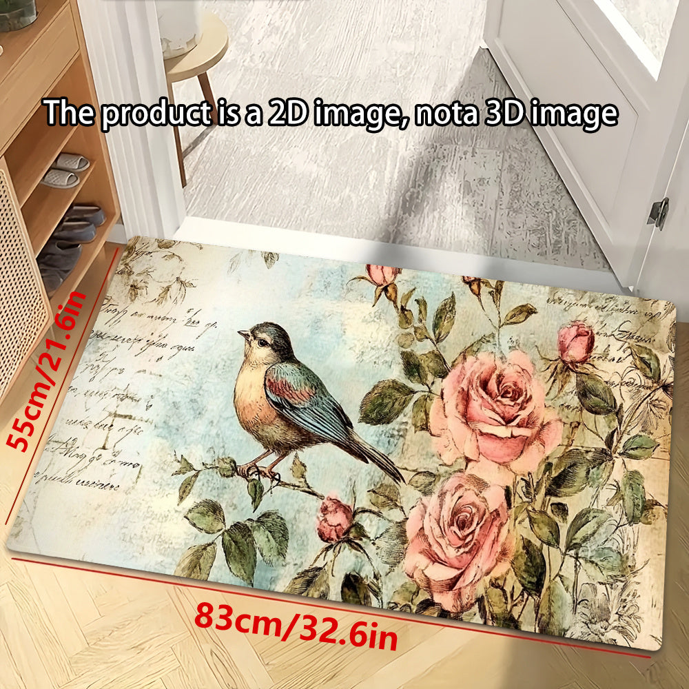 Vintage Rose & Bird Design Anti-Fatigue Kitchen Mat - Waterproof, Soft, Machine Washable Polyester - Non-Slip Mat for Home & Office Use