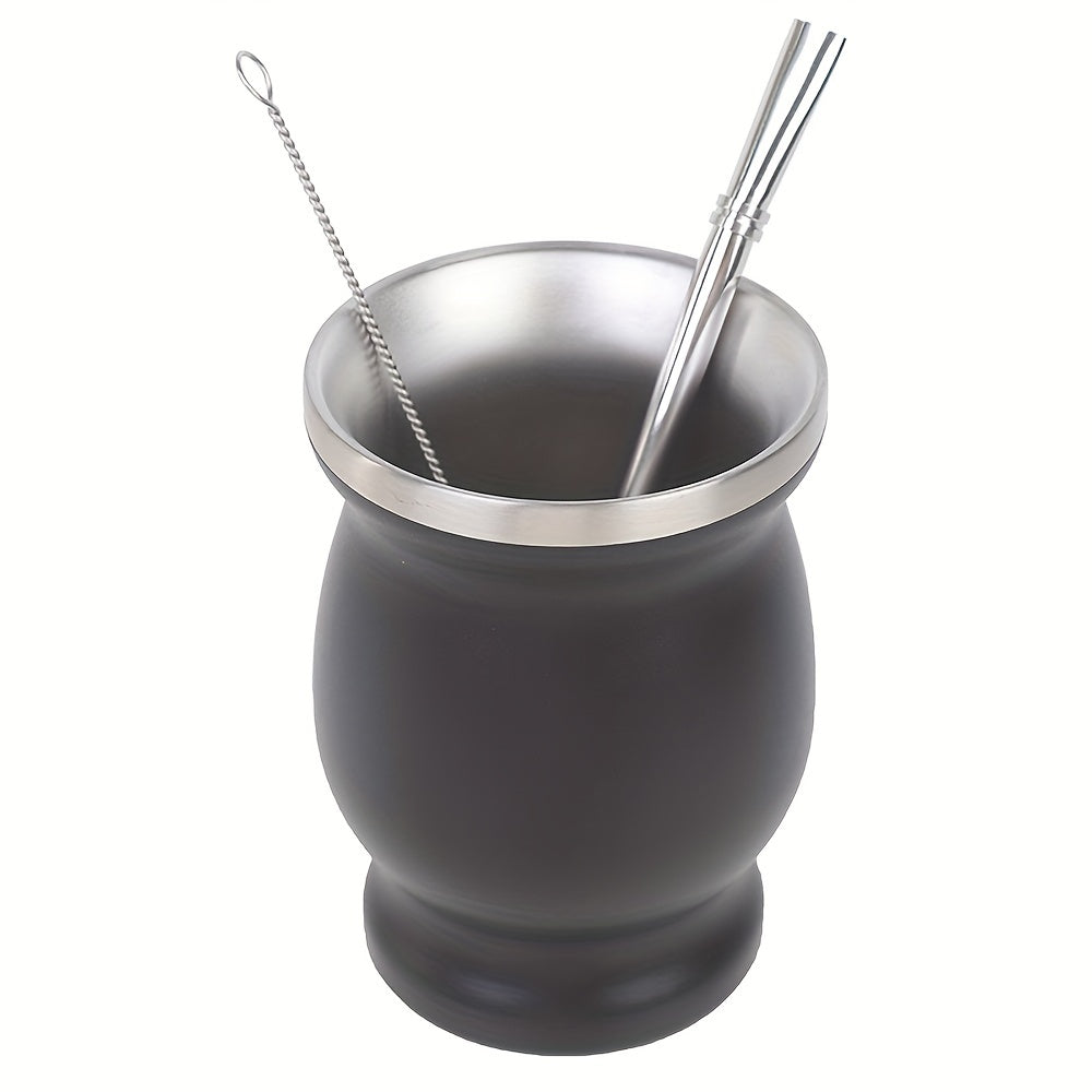 Set includes 8oz Yerba Mate cup, bombilla straw, and brush. Stainless steel vacuum tea cup with heat insulation. Perfect for gifting.