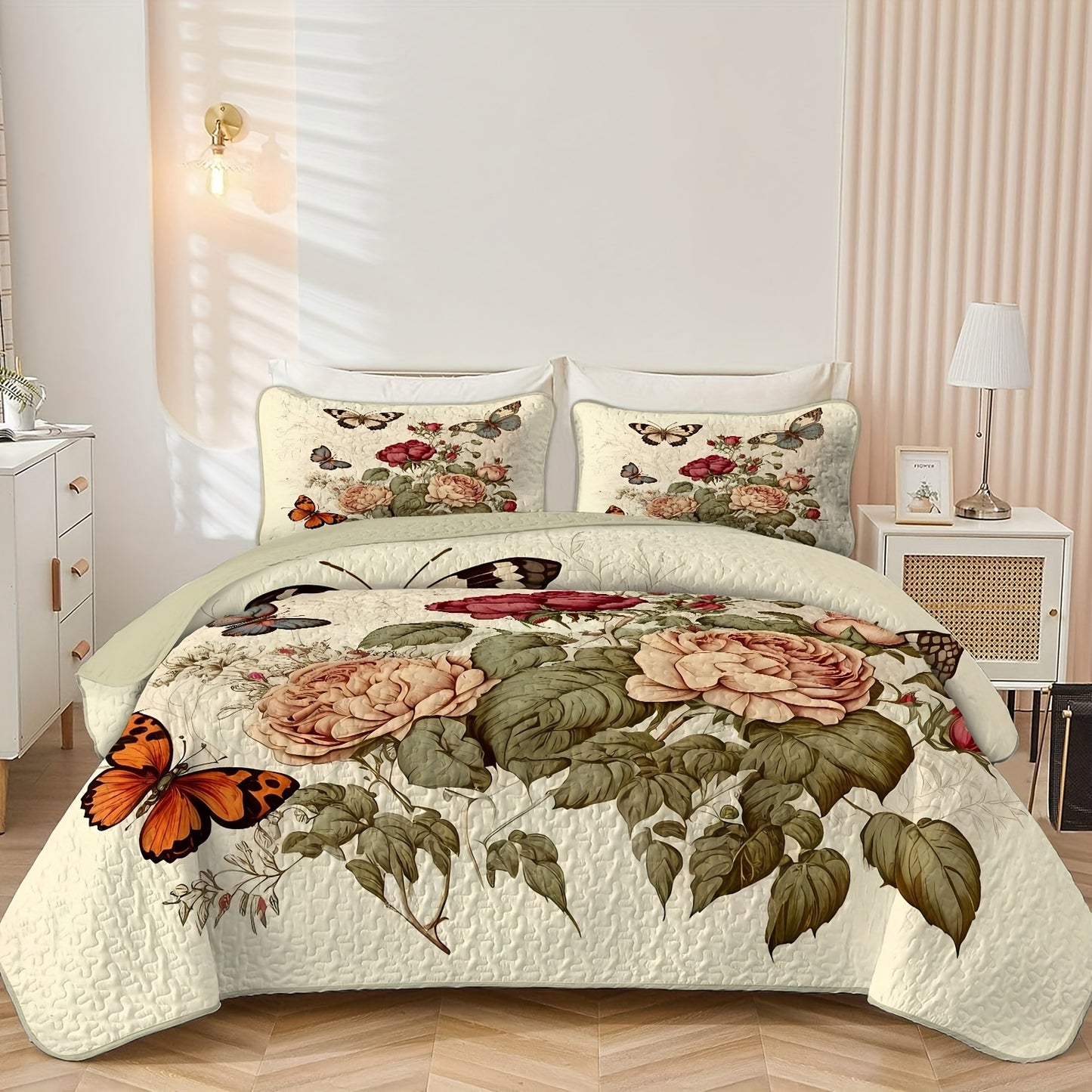 Rose & Butterfly Print Bedding Set - 3pcs Quilt Cover and Pillowcase Combo, Soft Polyester, Machine Washable - Ideal for Bedroom Decor