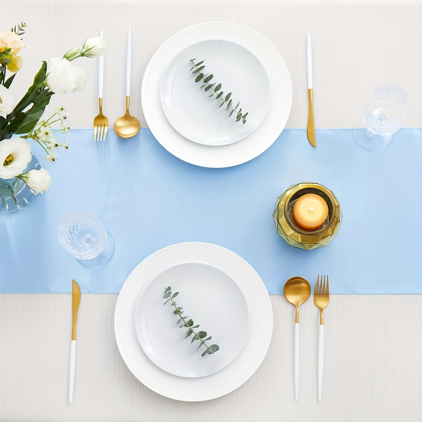 Elegant light blue satin table runner, 30.48 x 274.32 cm, ideal for weddings and formal events.