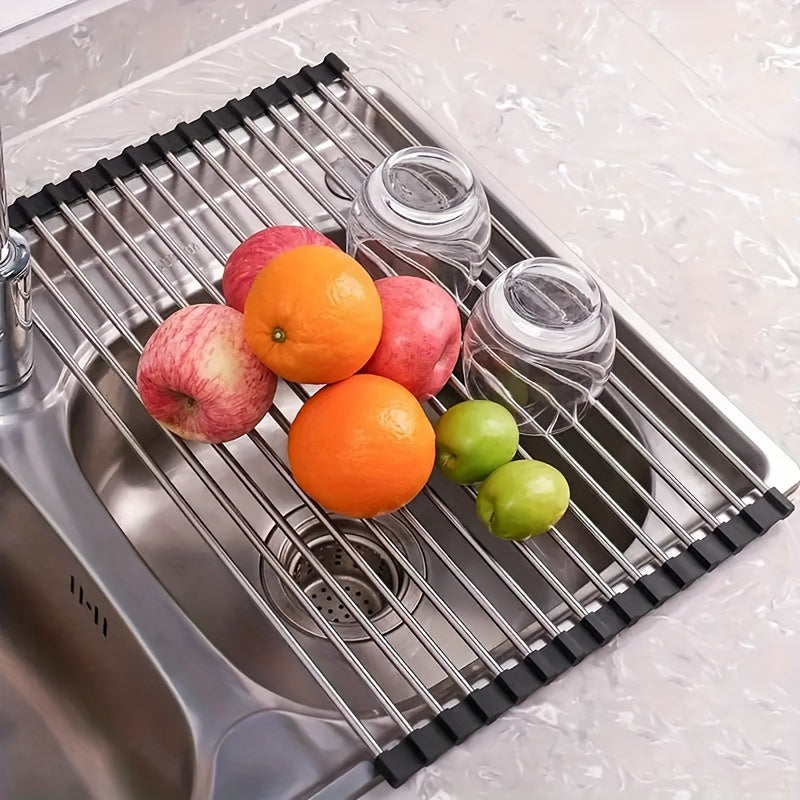 Stainless Steel Roll-Up Dish Drying Rack designed for Kitchen Sink - Folds and Adjusts to Fit All Dish and Utensil Sizes, Features Drainage Rack for Kitchen Countertop.