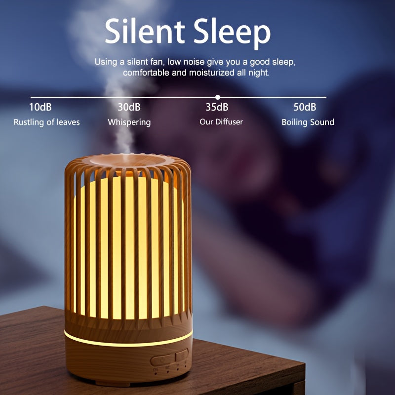 Quiet USB-powered aroma diffuser with soundwave technology, 7-color LED lights, timer setting, and 150ml capacity. Perfect for bedroom, office, cafe, and yoga.