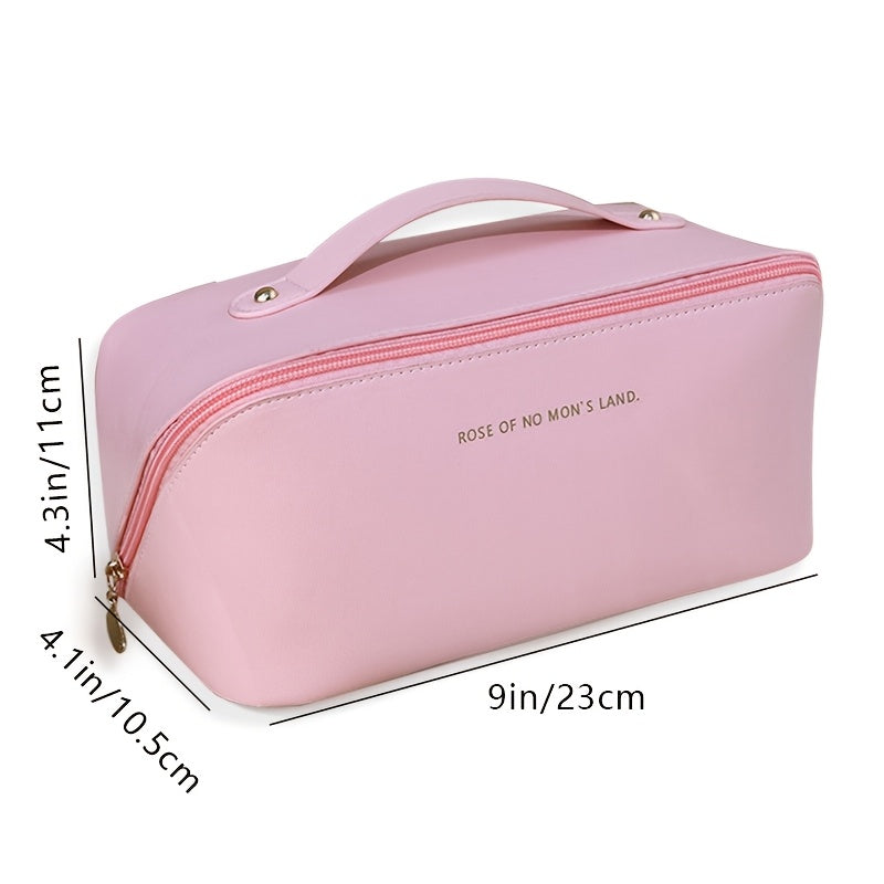 Yiwu-produced chic pink PU cosmetic case for women with large capacity and durable edge paint, featuring a chic pillow shape and polyester lining.