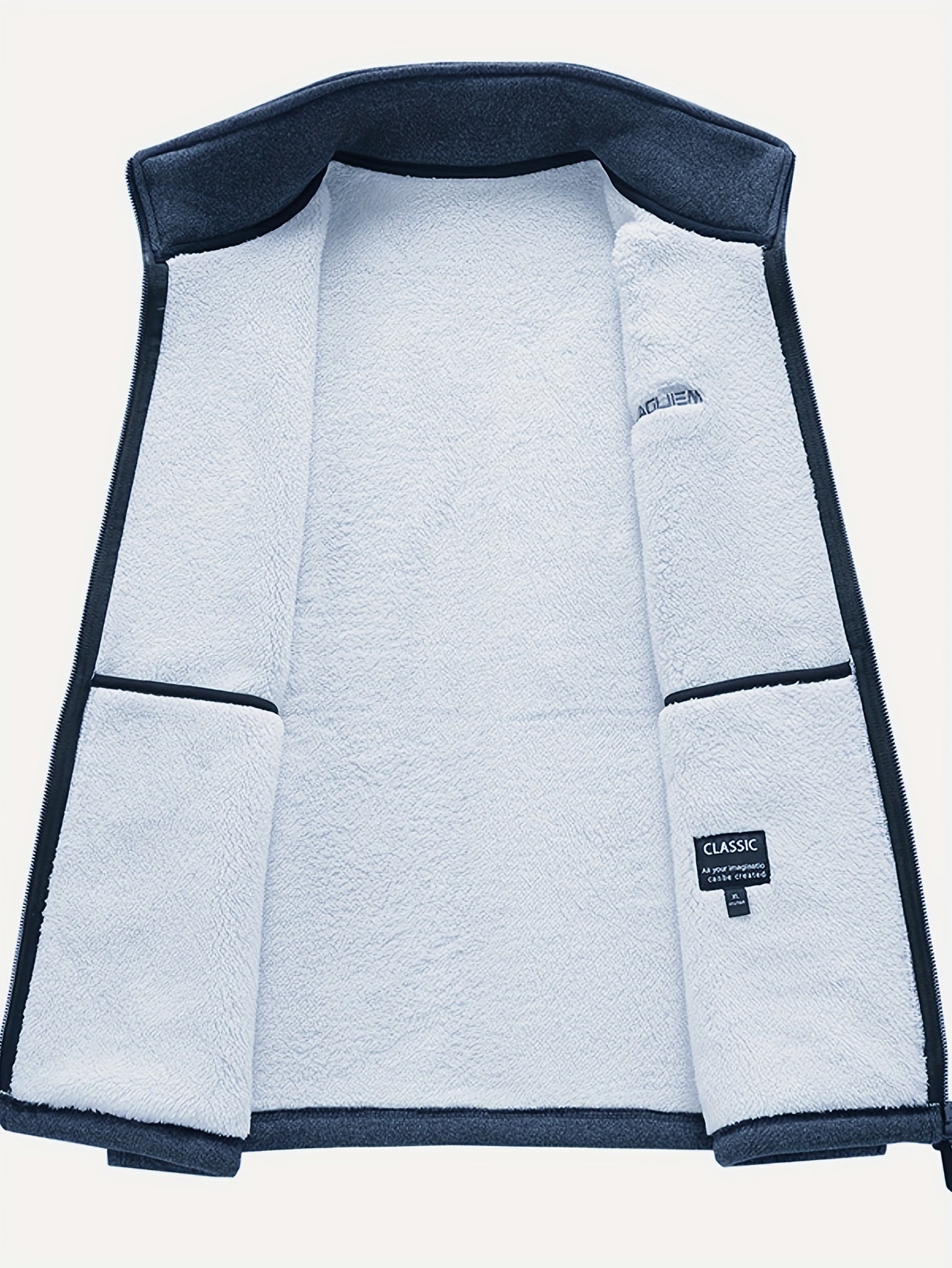 Men's cozy fleece-lined vest with stand collar, zipper pockets, and button closure for fall/winter warmth.