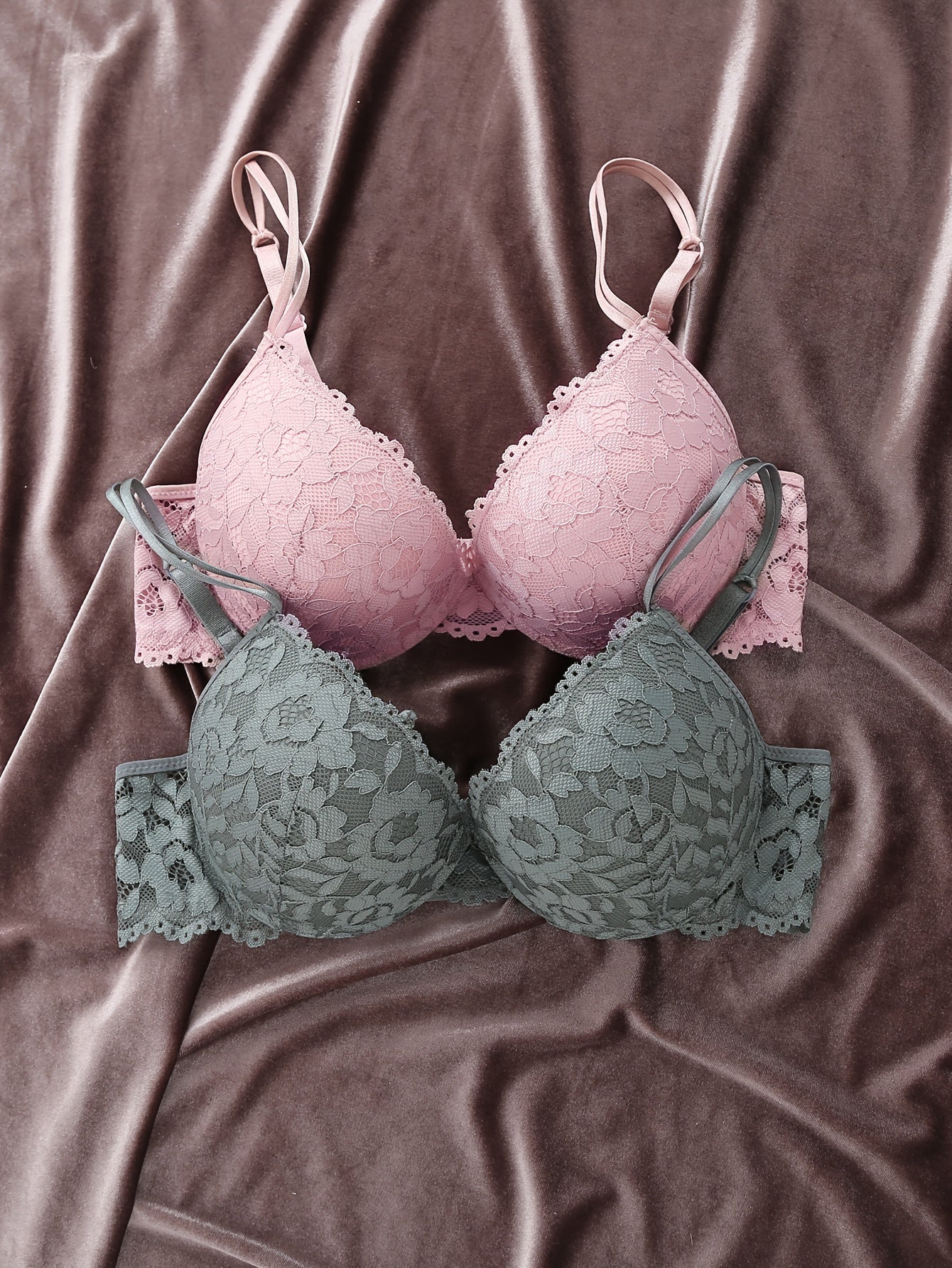 2 Simple Solid Floral Lace Push-Up Bras, Women's Breathable Lingerie.