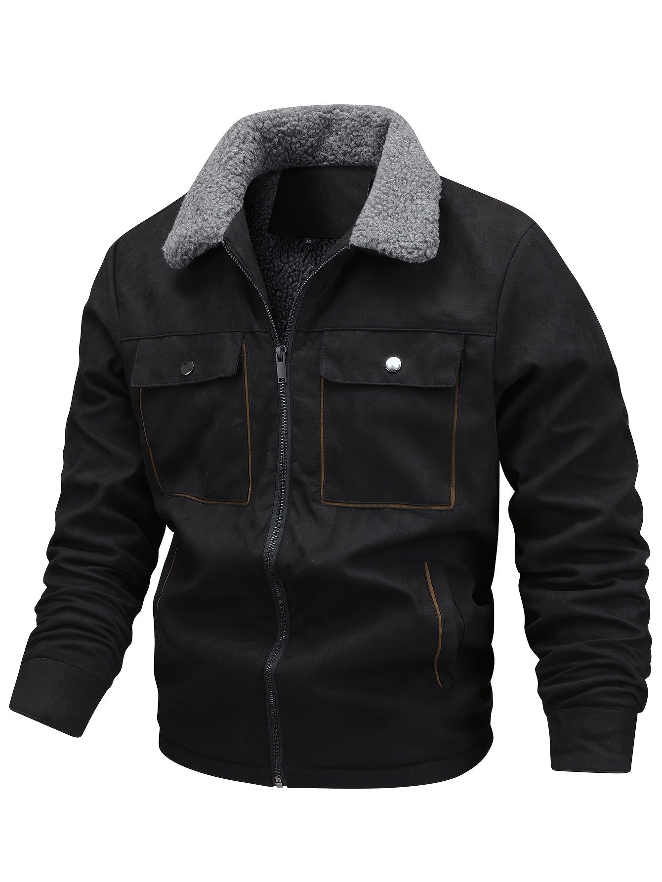 Men's Winter faux sueded jacket with fur collar, thick fleece lining, zipper closure, long sleeves, and plush comfort.