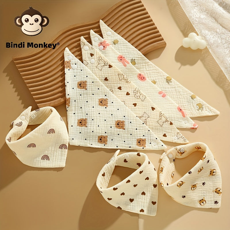 Bindi Monkey Set of 5 Soft and Gentle Kids Feeding Bibs - Adorable Cartoon Design with Snap Closure