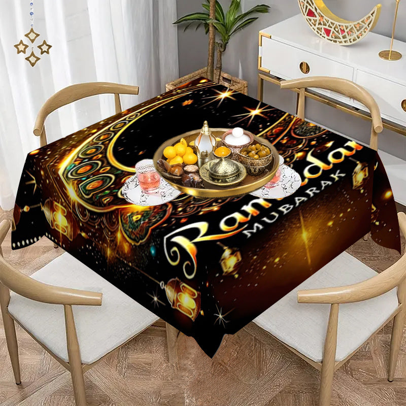 Elegant Ramadan Mubarak tablecloth with ethnic moon print, ideal for Eid celebrations, picnics, and home decor.