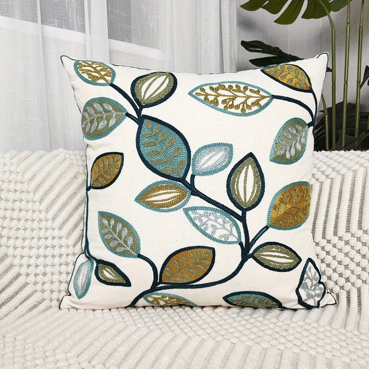 Leaf embroidered canvas throw pillow case featuring modern green & golden leaf pattern, zippered, machine washable cover for living room decor.