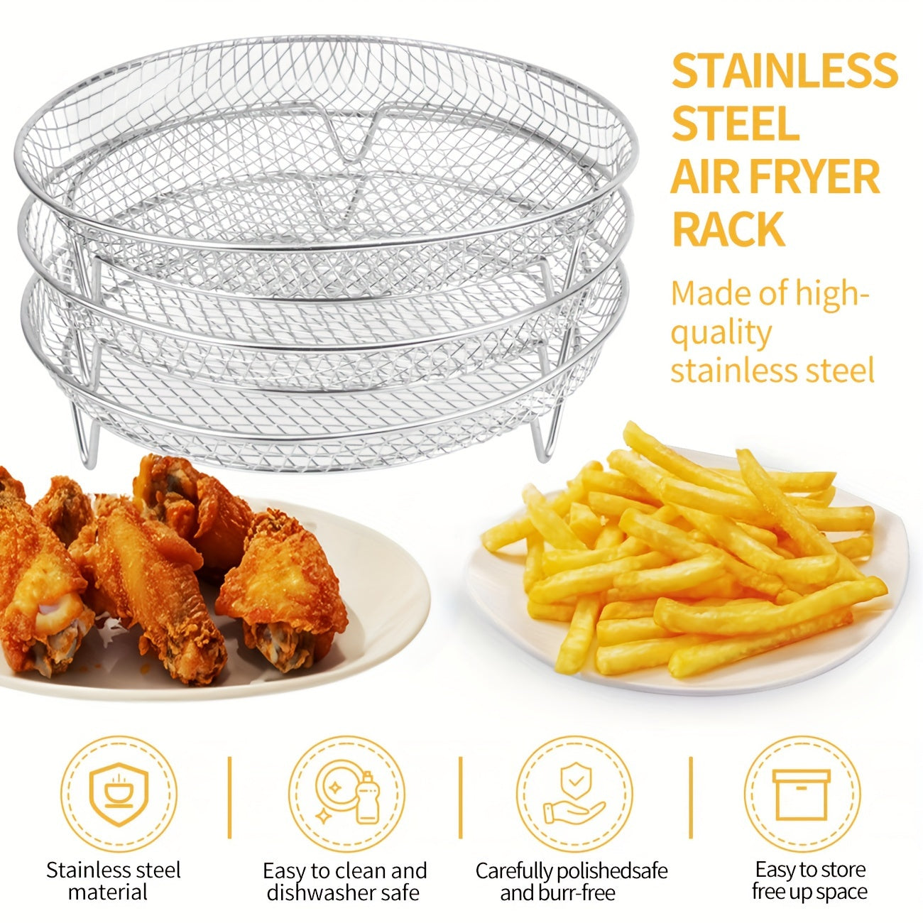 Accessory set for a 3-in-1 Air Fryer featuring a versatile stainless steel stacking rack, dehydrator, air fryer baking rack, barbecue net, fruit and vegetable fryer accessories, and a baking rack.