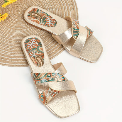 Women's Paisley Pattern Flat Slides with Square Open Toe, Casual Outdoor Beach Sandals.