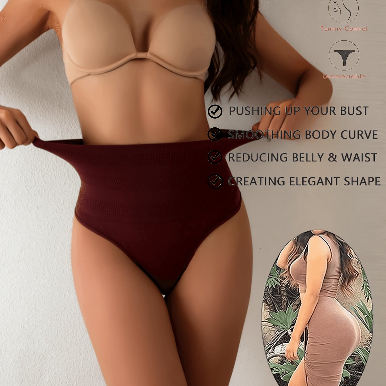 High waist shaping thong for women with tummy control and buttocks lifting and shaping features.