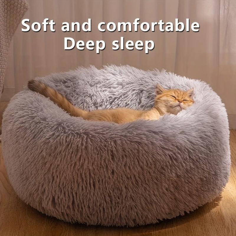 Extra Large Round Dog Bed with Non-Slip Bottom - Soft Faux Plush Polyester Fiber Filled Cuddly Pillow for Dogs of all sizes - Comfortable and Warm.