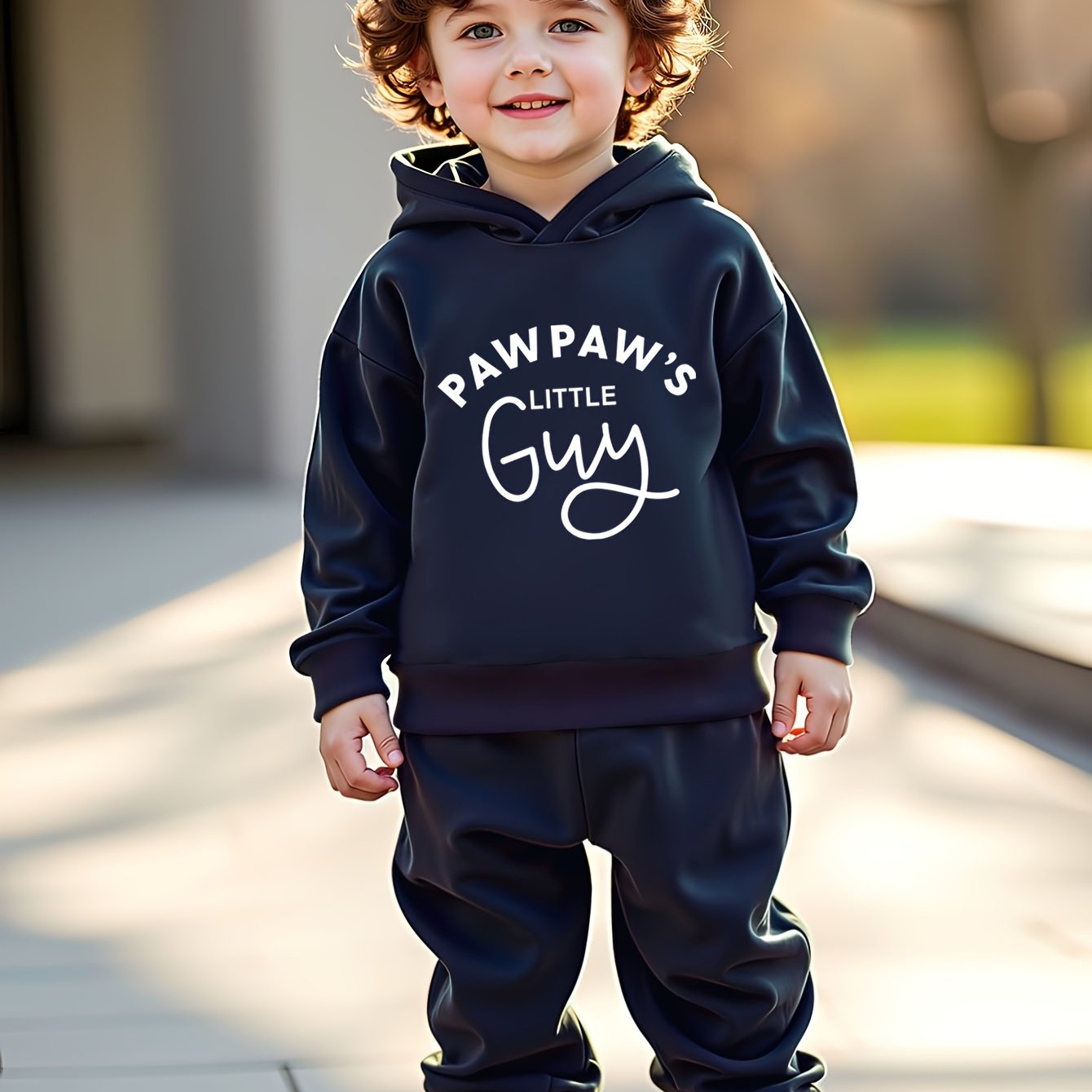 Boys' Fashion Set featuring 'Paw Paw's Little Guy' print, polyester hoodie and pants, knit pullover with long sleeves, regular fit, suitable for autumn/winter outdoor wear.