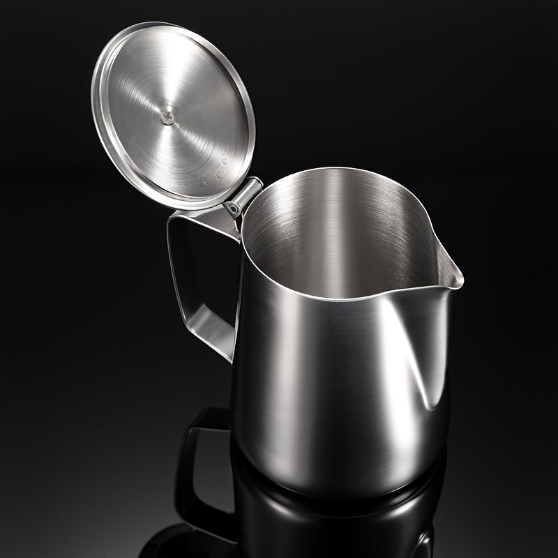 Stainless Steel Milk Frothing Pitcher with Lid - Perfect for Espresso Steam Coffee, Baristas, Lattes, Cappuccinos, RVs, Outdoor Camping, Picnics, Office, and Travel - Includes Cream Cup Jug and Coffee Maker Accessories - Ideal for Back to School