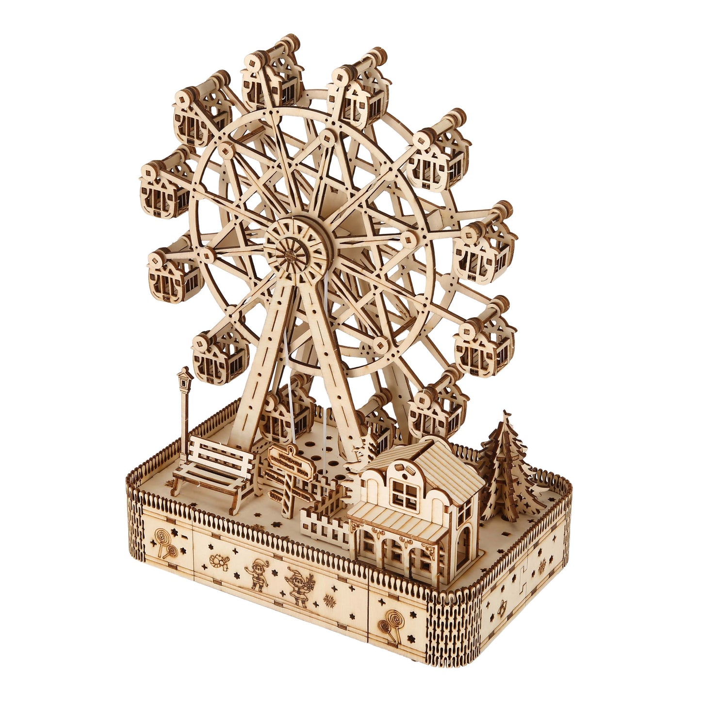 Wooden DIY assembly hobby model kit of Ferris wheel, suitable for adults and teens 14+, serves as a decorative carousel replica.