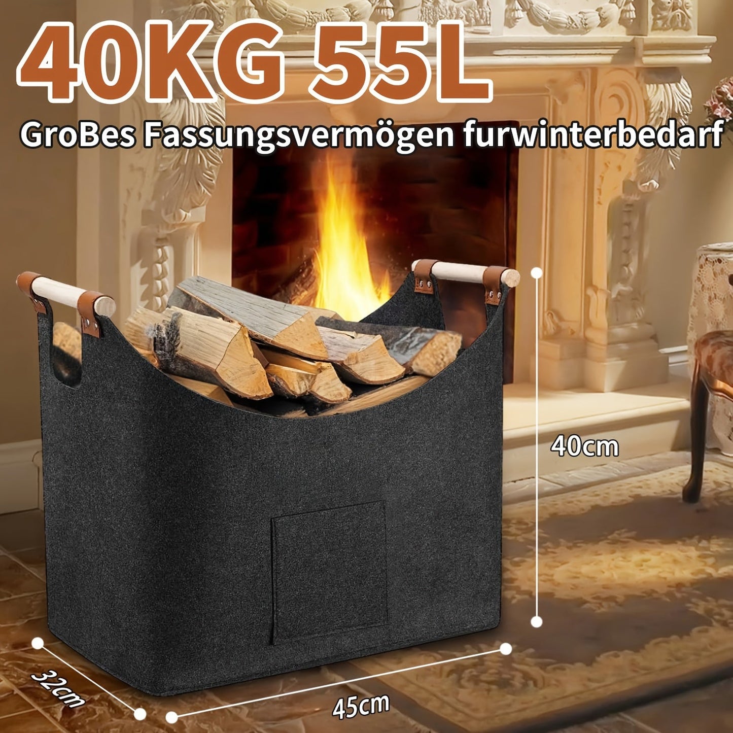 Large felt firewood basket with a capacity of 55L or 96L. Features heavy-duty construction with extended handles for use with indoor wood stoves. Foldable design for convenient storage of firewood and vegetables. Comes in a stylish deep gray color.