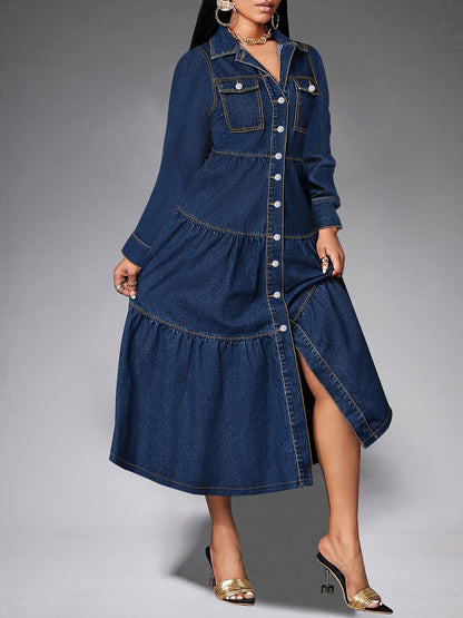 Women's denim dress with long sleeves, 65% polyester and 35% cotton, solid color for fall/winter, medium stretch, frill detail, shirting style, fabric weight 90g/m².