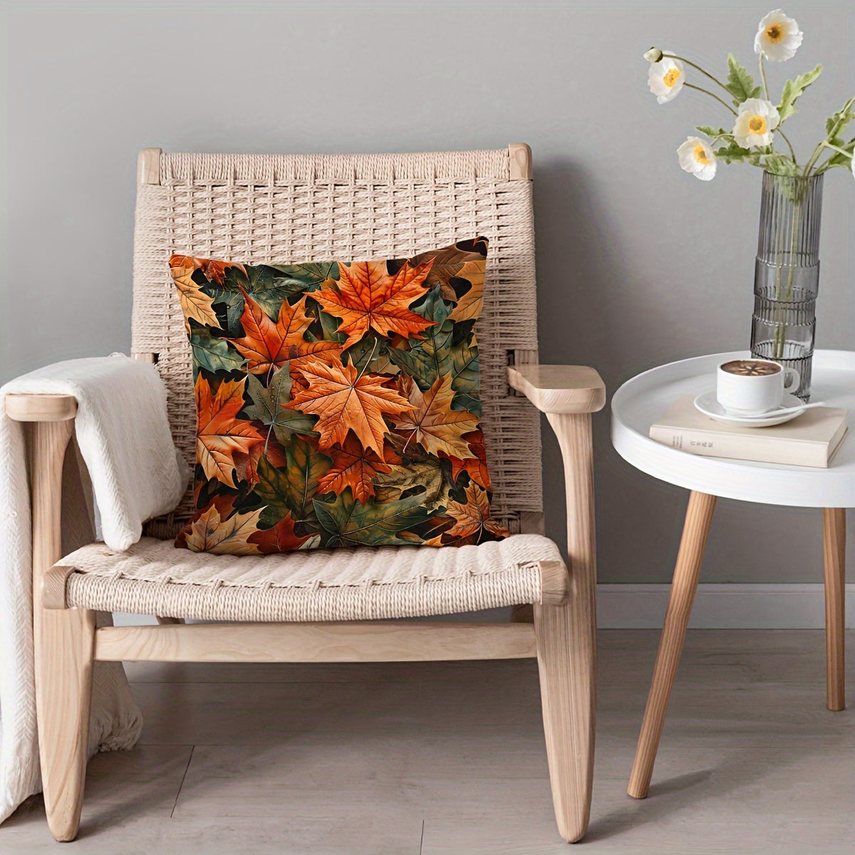 Autumn-themed pillow cover with pumpkin, sunflower, and maple leaf design. Single-sided print, zip closure, hand washable polyester, suitable for sofa and bedroom decor.