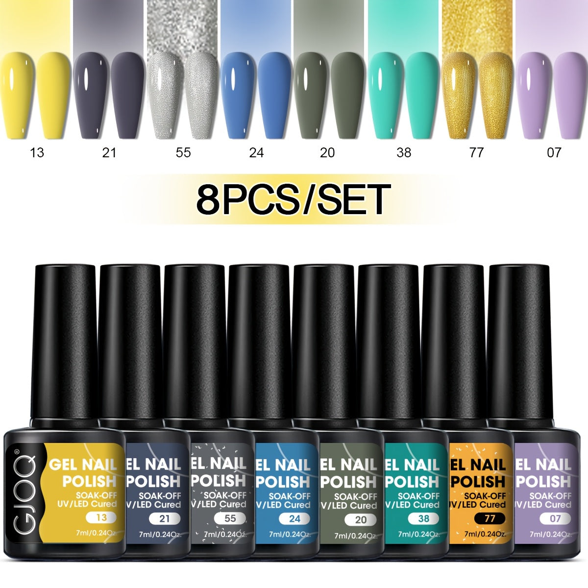 GJOQ 8-piece Gel Nail Polish Set: Long-lasting, UV/LED soakable, hypoallergenic, alcohol-free in neutral & glitter shades - ideal for DIY & salon.