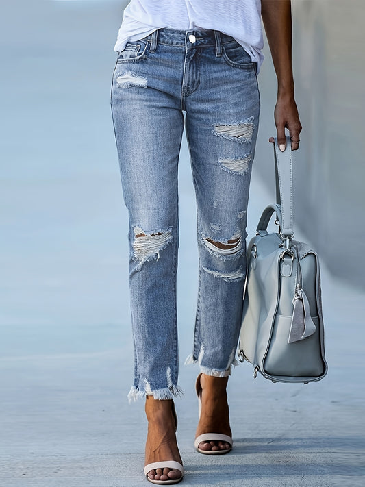 Elegant women's denim jeans with solid color, high elasticity, mid-rise waist, straight fit, 9-inch length, zipper closure, and pockets - perfect for any season and going out.