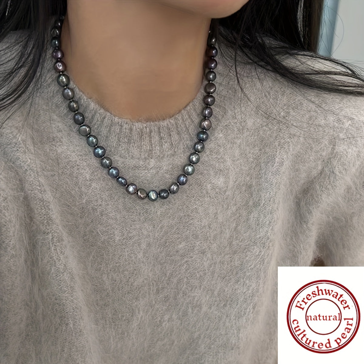 This necklace features a beautiful, natural freshwater cultured pearl measuring 7-9MM in a stunning blue-black hue. The clavicle length necklace is designed for women and showcases irregular baroque pearls with a unique texture and shape. Each pearl is