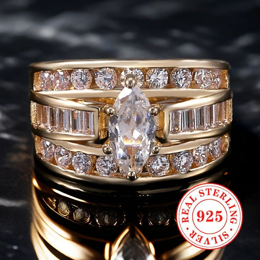 Stunning Marquise Shaped Zirconia Ring in Sterling Silver, 8.8g - Perfect for April Birthdays and Mardi Gras Celebrations, Ideal for Everyday Wear or Special Events, Breathtaking Bridal Jewelry for Any Season