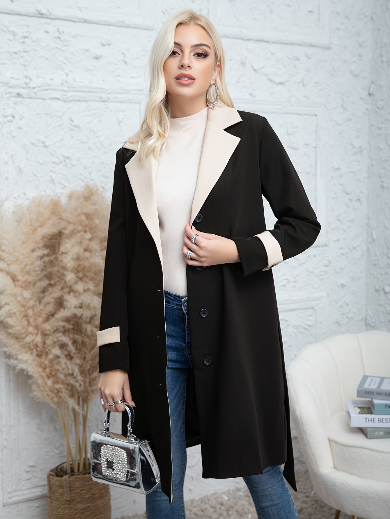 Women's long coat for autumn/winter fashion with contrast color, solid pattern, button detail, woven polyester fabric, and thick outerwear suitable for both trench coat and raincoat.