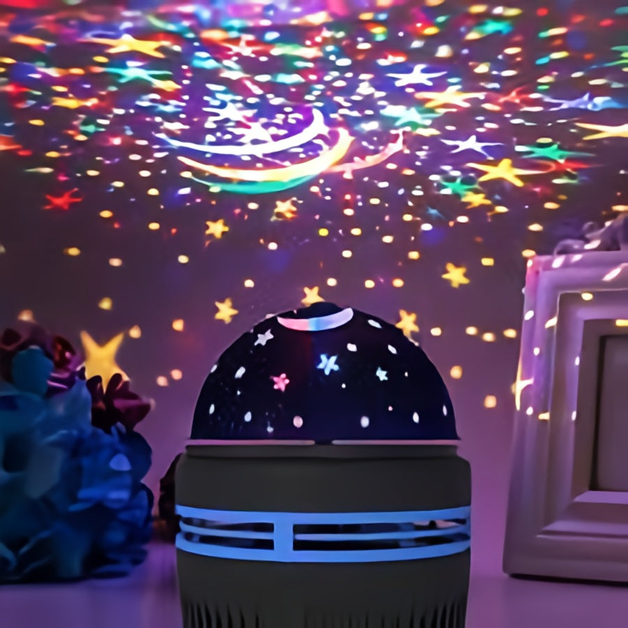 USB-powered LED night light rotates projections of stars and moons. Features independent stand and plastic disco ball design. Suitable for bedroom ambiance, home theater decor, party favors, Halloween, Christmas. No battery needed.